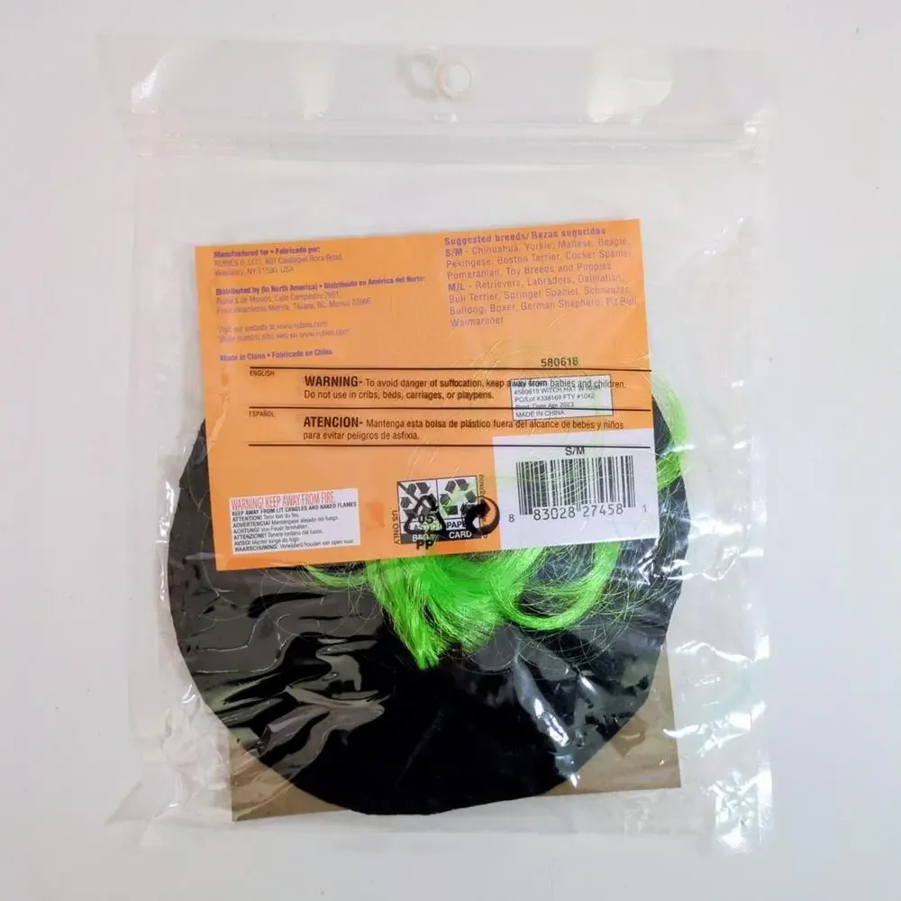 Rubie's Witch Hat Dog Costume S/M Green Wig Halloween Pet Brand New Sealed